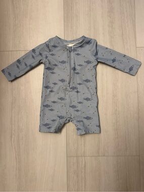 Light Blue Fish-Print Kids One-Piece Swim Suit with Front Zip